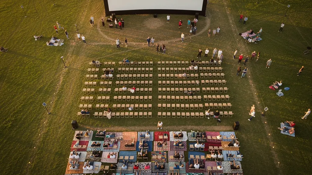 Vue aérienne de l'aménagement d'un espace spectateurs pour cinéma en plein air