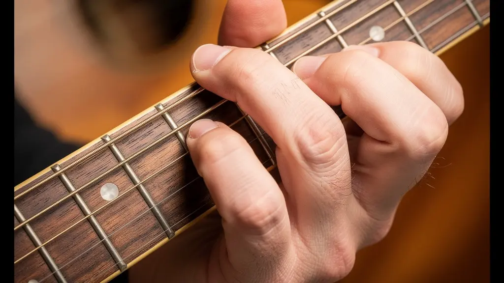 Détail macro de la main sur le manche montrant le principe de levier du doigt lors d'un barré