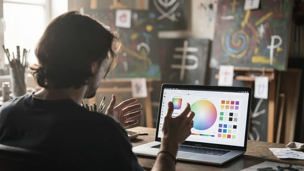 Artiste analysant ses données de ventes sur ordinateur dans son atelier lumineux