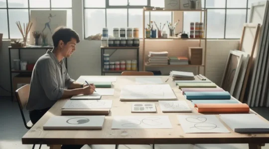 Artiste travaillant sur son dossier de candidature dans un atelier lumineux avec documents organisés