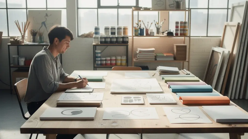 Artiste travaillant sur son dossier de candidature dans un atelier lumineux avec documents organisés