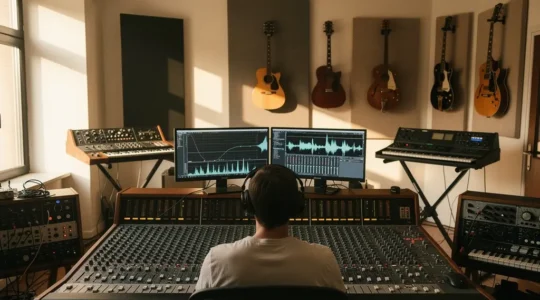 Artiste musicien travaillant en studio d'enregistrement indépendant avec équipement professionnel