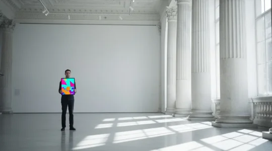Artiste numérique contemplant son œuvre digitale devant une galerie d'art classique