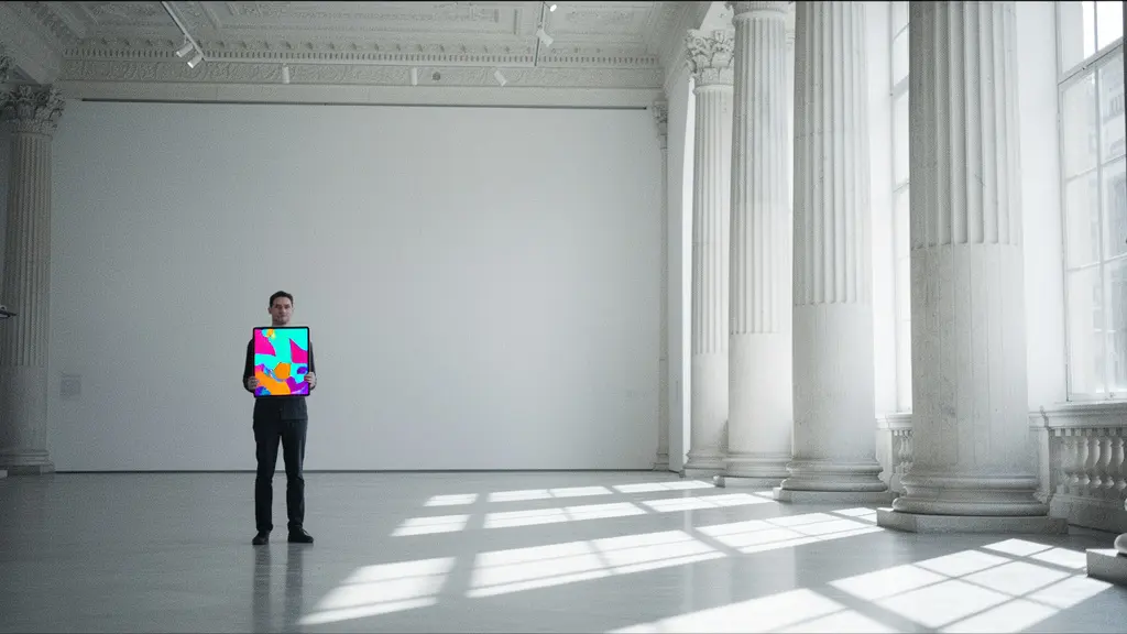 Artiste numérique contemplant son œuvre digitale devant une galerie d'art classique