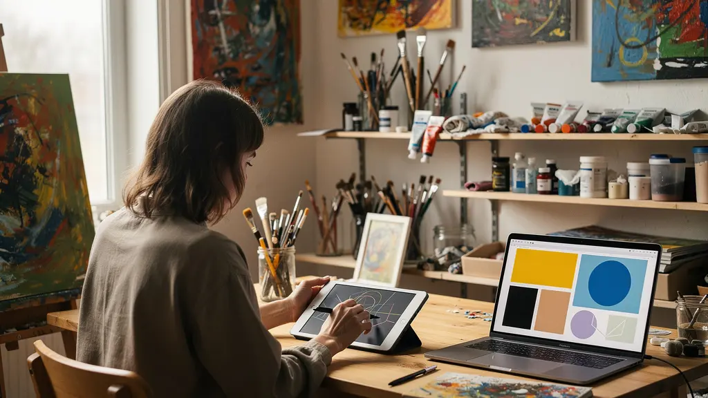 Artiste peintre travaillant sur une tablette numérique dans son atelier avec des œuvres d'art en arrière-plan