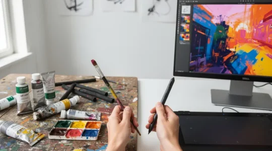 Atelier d'artiste montrant la fusion entre techniques traditionnelles et numériques