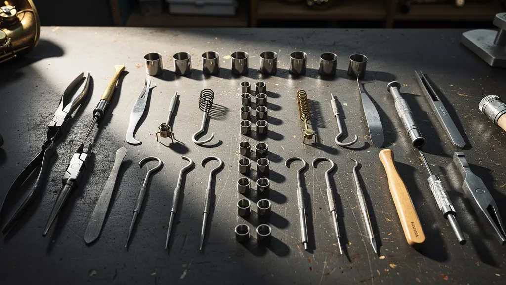 Atelier de luthier spécialisé avec outils de précision pour réparation de saxophone