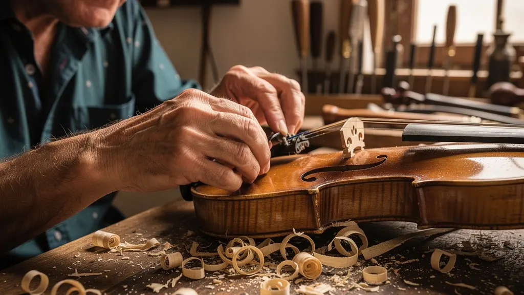 Portrait d'un luthier travaillant minutieusement sur un violon ancien dans son atelier traditionnel