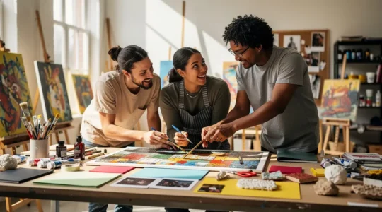 Artistes de différentes nationalités travaillant ensemble sur une création artistique dans un espace de résidence culturelle européen