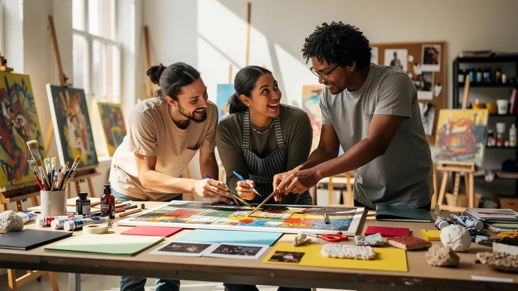 Artistes de différentes nationalités travaillant ensemble sur une création artistique dans un espace de résidence culturelle européen