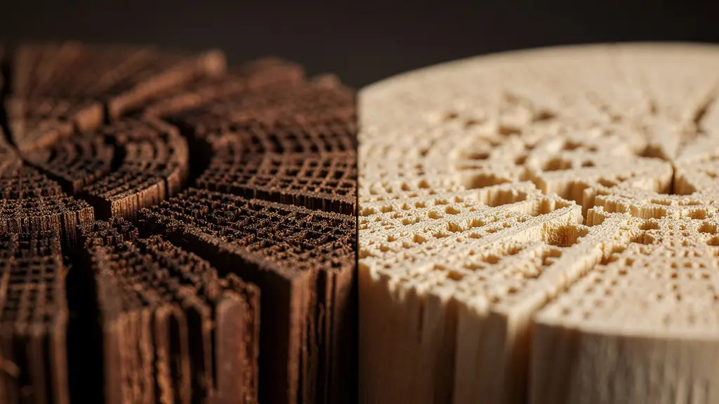 Vue macro de la structure cellulaire du bois dur africain comparée au bois tendre