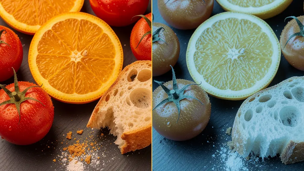 Nature morte culinaire montrant le contraste entre des aliments colorés chaleureux et des éléments bleus froids