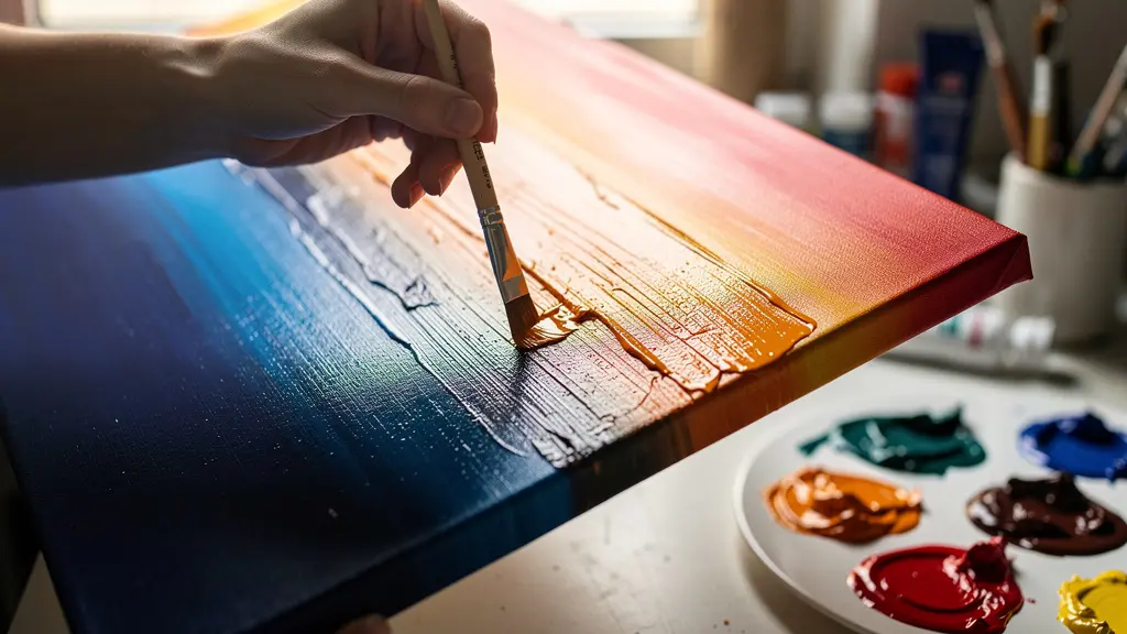 Artiste appliquant un dégradé parfait à l'acrylique sur une toile, texture visible du mélange des couleurs