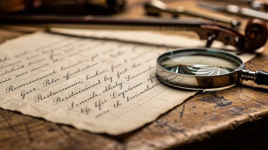 Gros plan sur un devis manuscrit détaillé pour restauration de violon avec loupe d'horloger