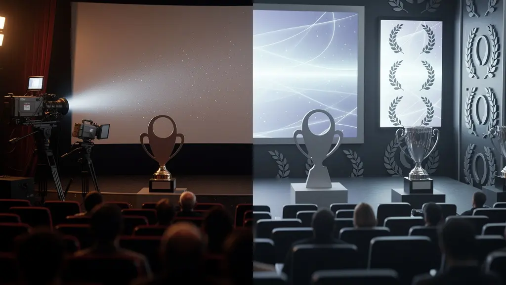 Comparaison visuelle entre un vrai festival de cinéma et les signaux d'alerte d'un festival frauduleux