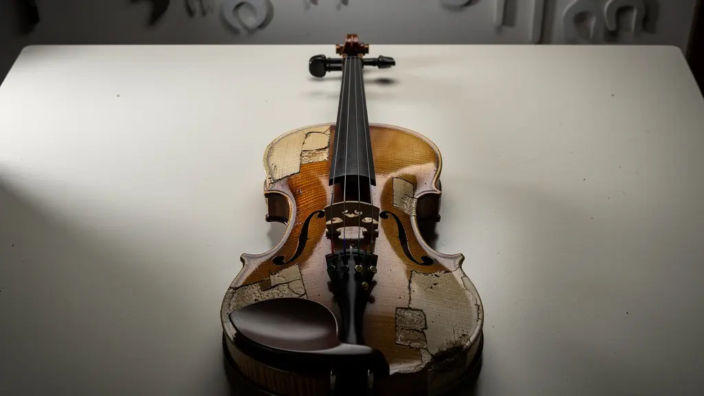 Gros plan sur une table de violon ancien éclairée en lumière rasante révélant les détails des réparations