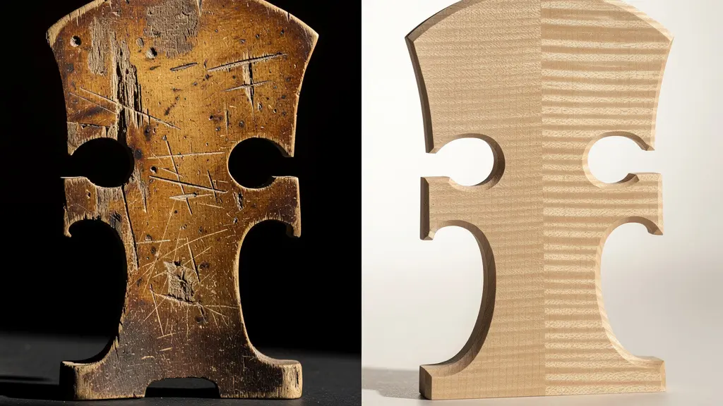 Vue rapprochée d'un chevalet de violon montrant des signes d'usure avec éclairage latéral révélateur