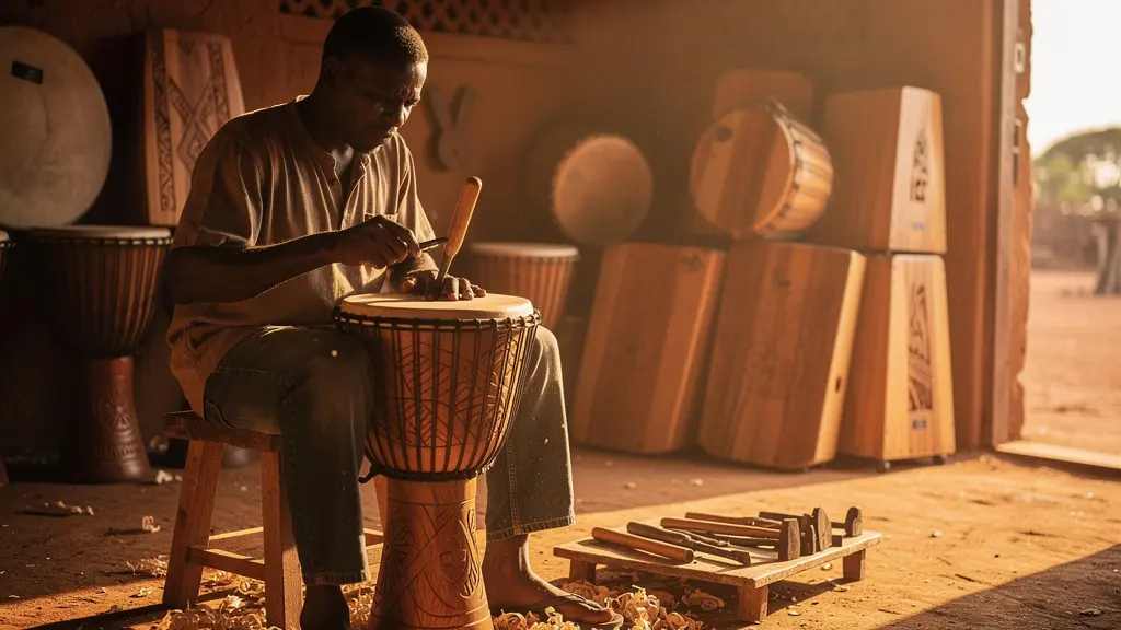 Artisan sculptant un djembé dans un atelier traditionnel avec des copeaux de bois dur africain