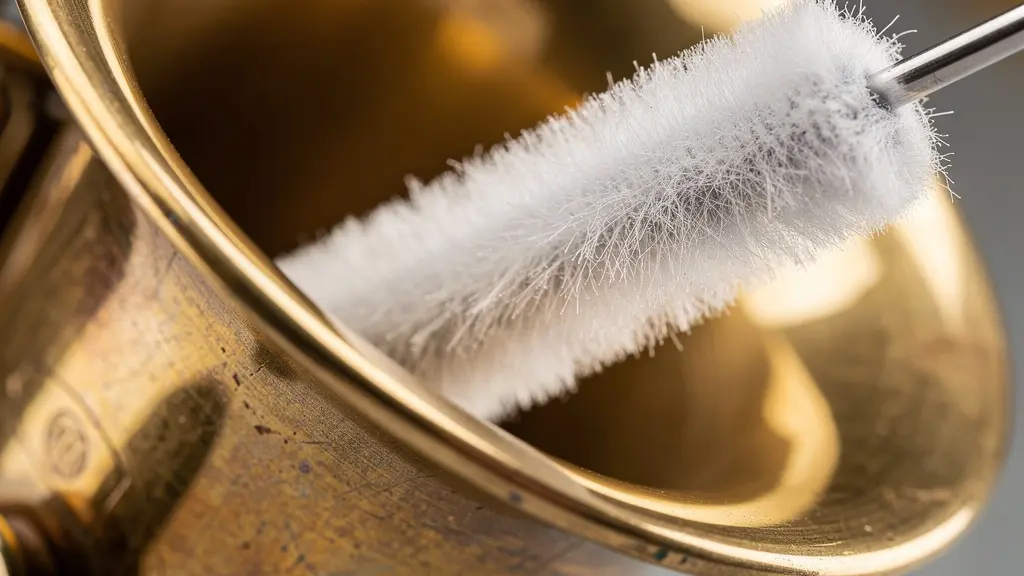 Vue macro d'un écouvillon microfibre passant dans le pavillon d'un saxophone