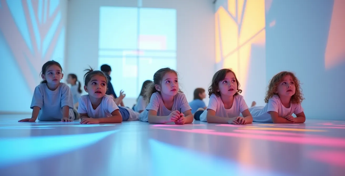 Enfants explorant avec émerveillement une installation lumineuse immersive dans un musée d'art contemporain.