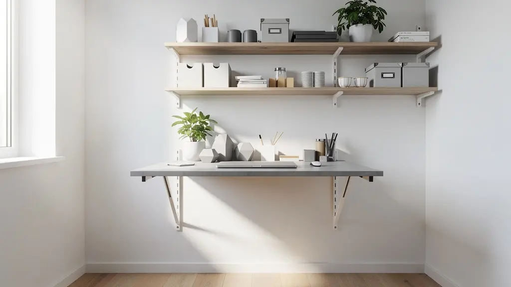 Vue large d'un petit atelier créatif minimaliste avec éclairage naturel et organisation optimisée