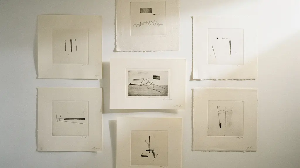 Collection d'estampes originales et lithographies disposées avec soin, éclairage tamisé de galerie d'art