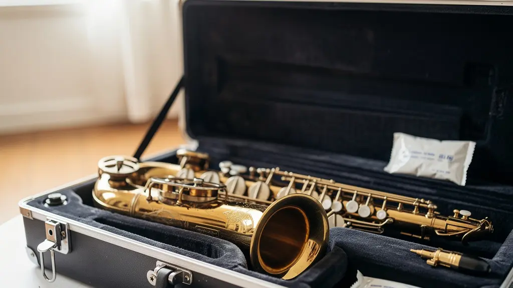 Étui de saxophone ouvert dans une pièce lumineuse pour aération