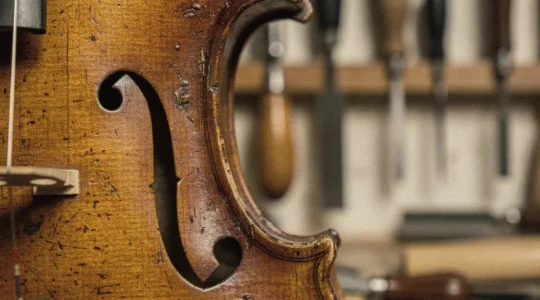 Vue rapprochée d'un violon ancien posé sur un établi de luthier avec outils d'expertise en arrière-plan flou