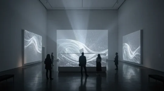 Installation immersive d'art numérique avec projections lumineuses dans un espace sombre