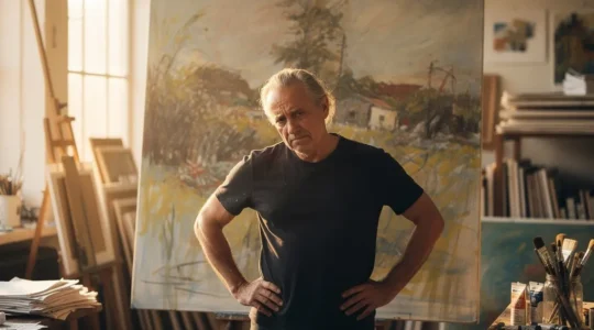 Artiste face à son œuvre inachevée dans un atelier lumineux, exprimant la frustration créative