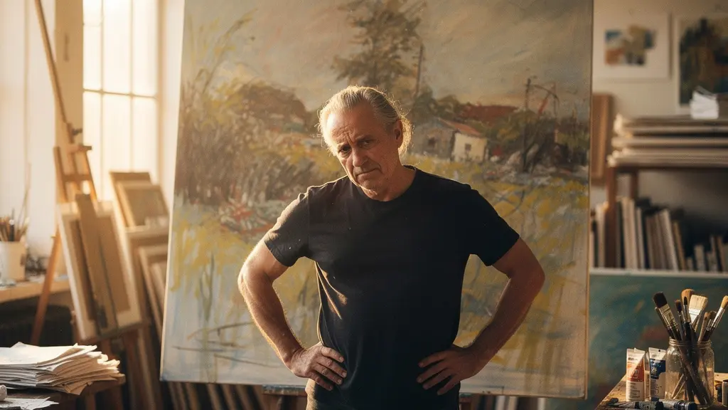 Artiste face à son œuvre inachevée dans un atelier lumineux, exprimant la frustration créative
