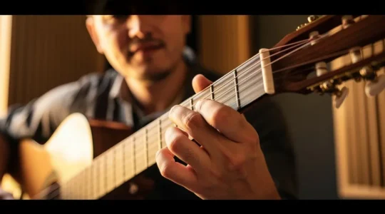 Guitariste jouant un accord barré avec une posture ergonomique correcte, focus sur la position du poignet