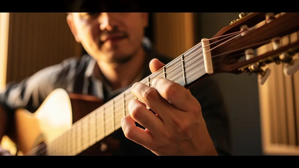 Guitariste jouant un accord barré avec une posture ergonomique correcte, focus sur la position du poignet