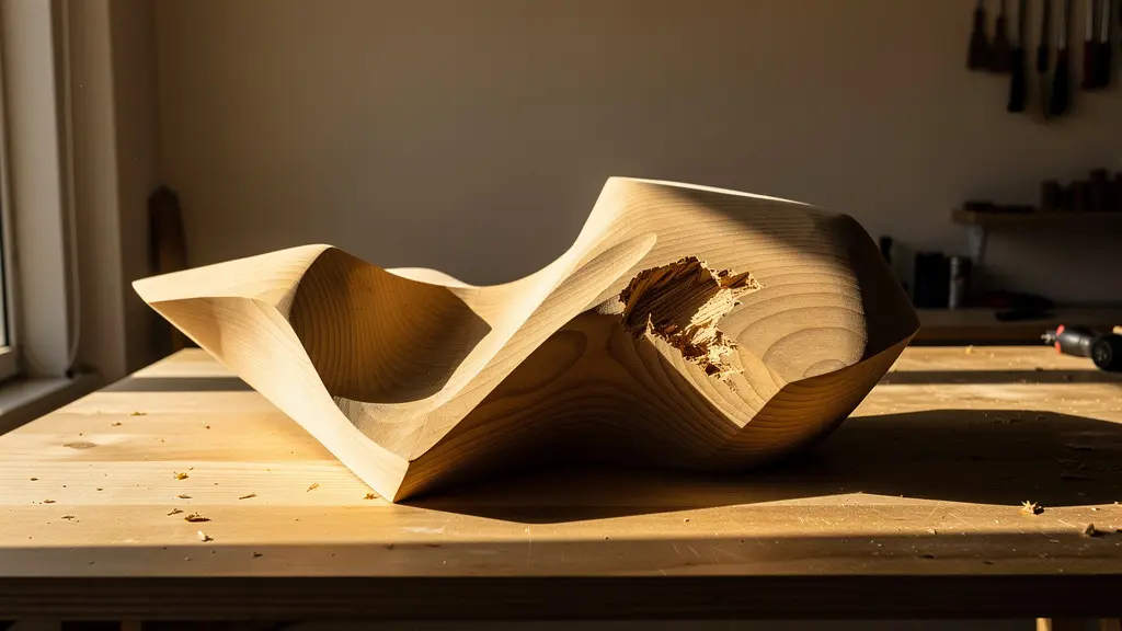 Pièce de bois éclairée par une lumière rasante révélant l'orientation des fibres et les zones de contre-fil