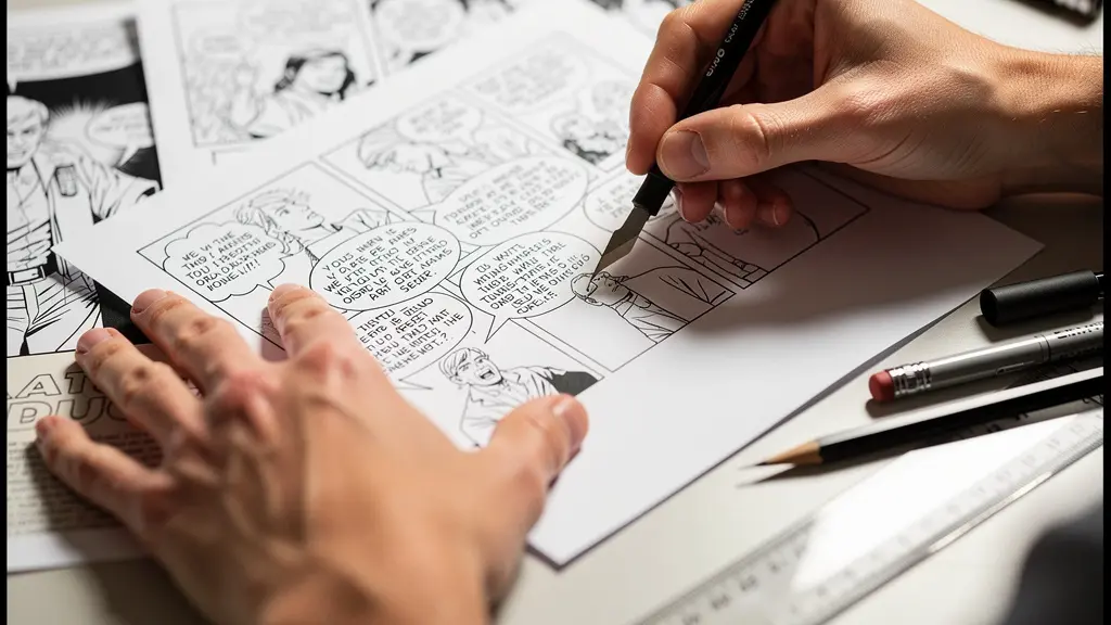 Vue rapprochée d'une main positionnant des bulles de dialogue sur une planche de BD