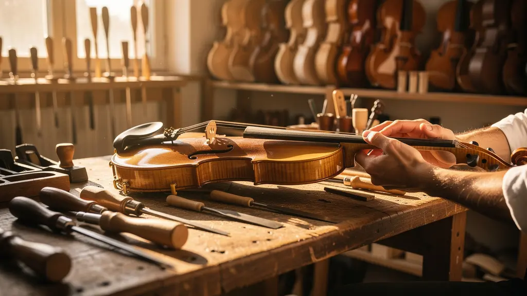 Atelier de luthier avec violon ancien en cours de restauration, éclairé par la lumière naturelle d'une fenêtre