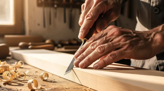 Mains expertes d'un artisan tenant délicatement une gouge sur une pièce de tilleul dans un atelier baigné de lumière naturelle