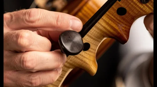 Gros plan des mains d'un violoniste manipulant délicatement les chevilles d'accordage d'un violon en bois verni