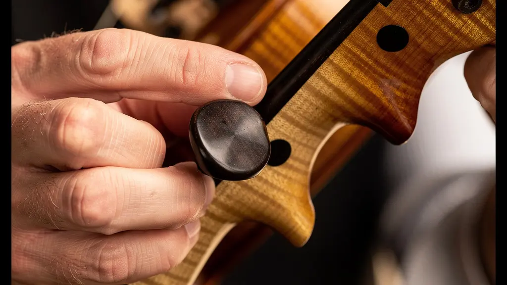 Gros plan des mains d'un violoniste manipulant délicatement les chevilles d'accordage d'un violon en bois verni