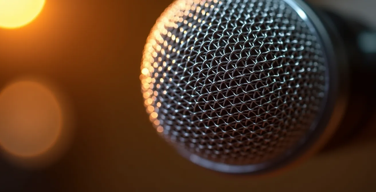 Détail macro d'un microphone professionnel de podcast