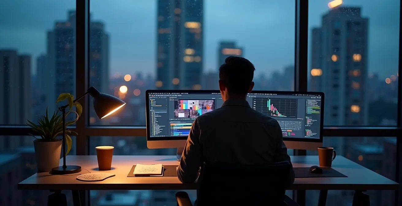 Modérateur analysant des discussions en ligne avec concentration dans un environnement de travail moderne