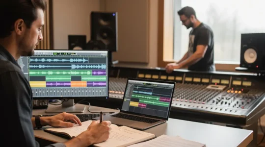 Musicien travaillant avec maquettes dans un studio d'enregistrement professionnel