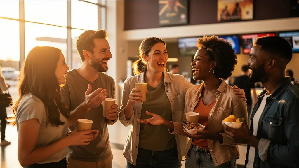 Groupe de spectateurs debout en cercle partageant des collations dans un hall de cinéma éclairé chaleureusement