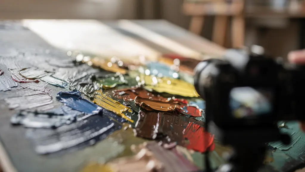 Photographe professionnel capturant un tableau avec éclairage naturel dans un atelier d'artiste
