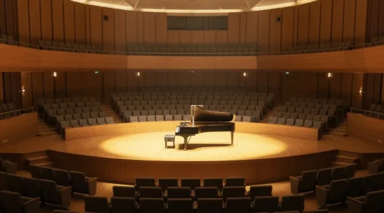 Salle de concert élégante avec piano à queue sur scène éclairée, public de 200 personnes en gradins