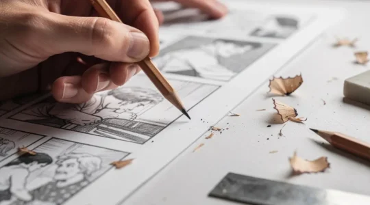 Composition artistique montrant les étapes de création d'une planche de bande dessinée avec des cases en construction