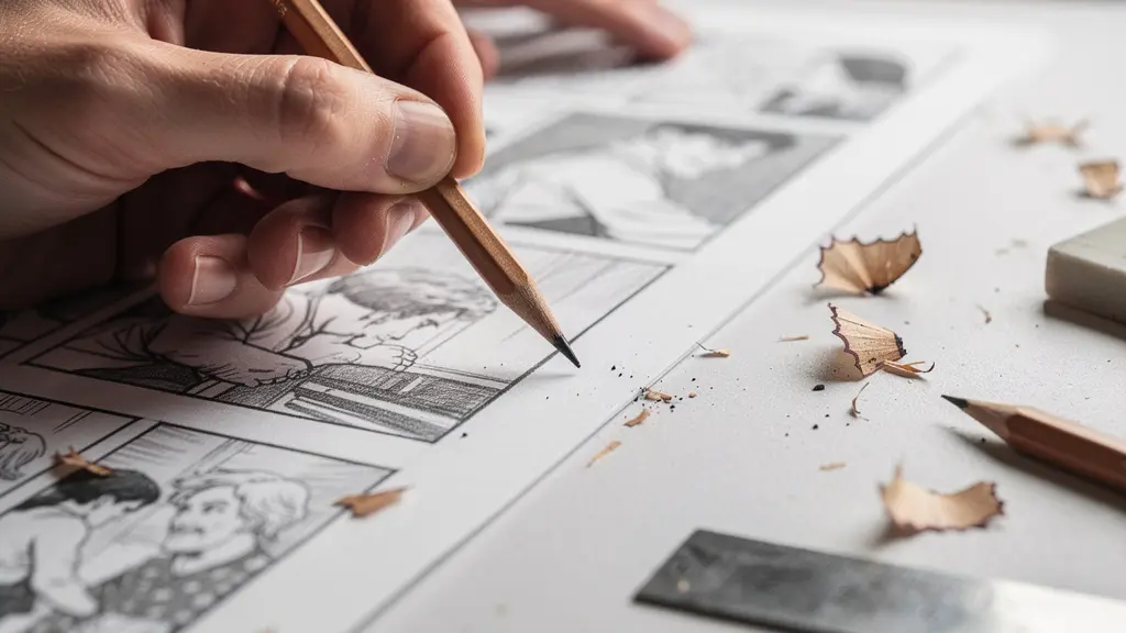 Composition artistique montrant les étapes de création d'une planche de bande dessinée avec des cases en construction