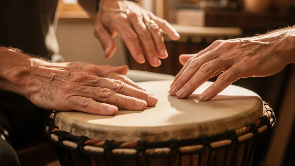Mains d'un percussionniste montrant les trois positions de frappe sur un djembé