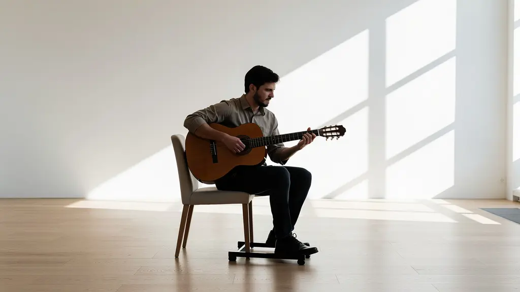 Vue latérale d'un guitariste assis avec une posture ergonomique correcte montrant l'alignement dos-épaules-poignet