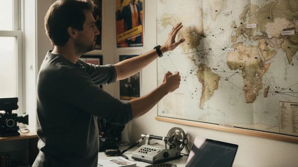 Un réalisateur analyse une carte stratégique de festivals de cinéma dans son bureau créatif